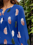 Feather Print Notched Balloon Sleeve Top (11)