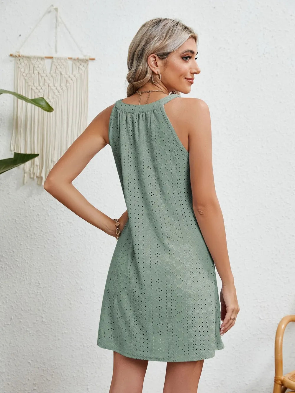 Eyelet Grecian Neck Mini Dress (2)