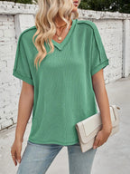Cord Ribbed V-neck Short Sleeve T-shirt (21)