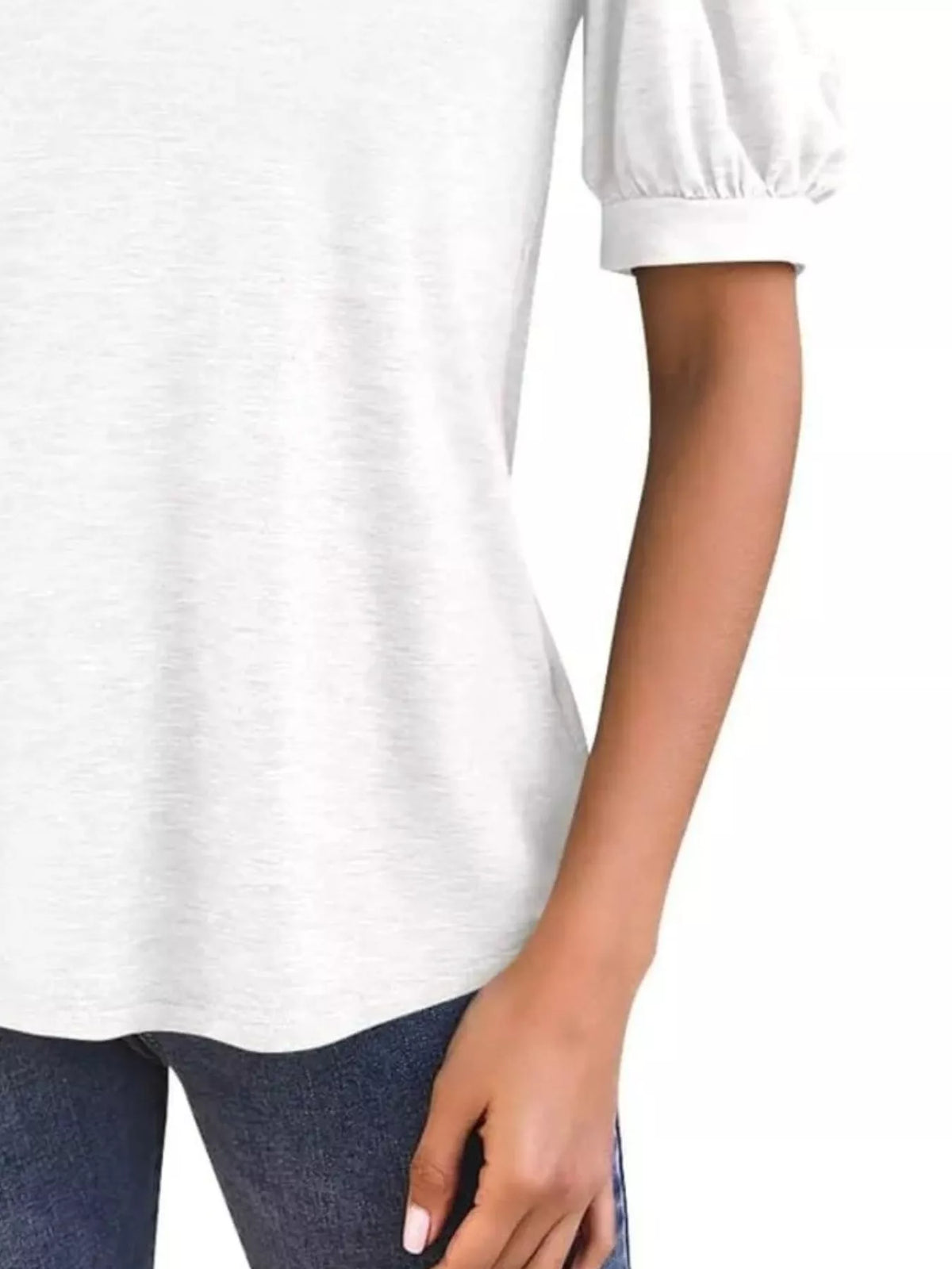 Puff Sleeve Notched Casual T-shirt (23)