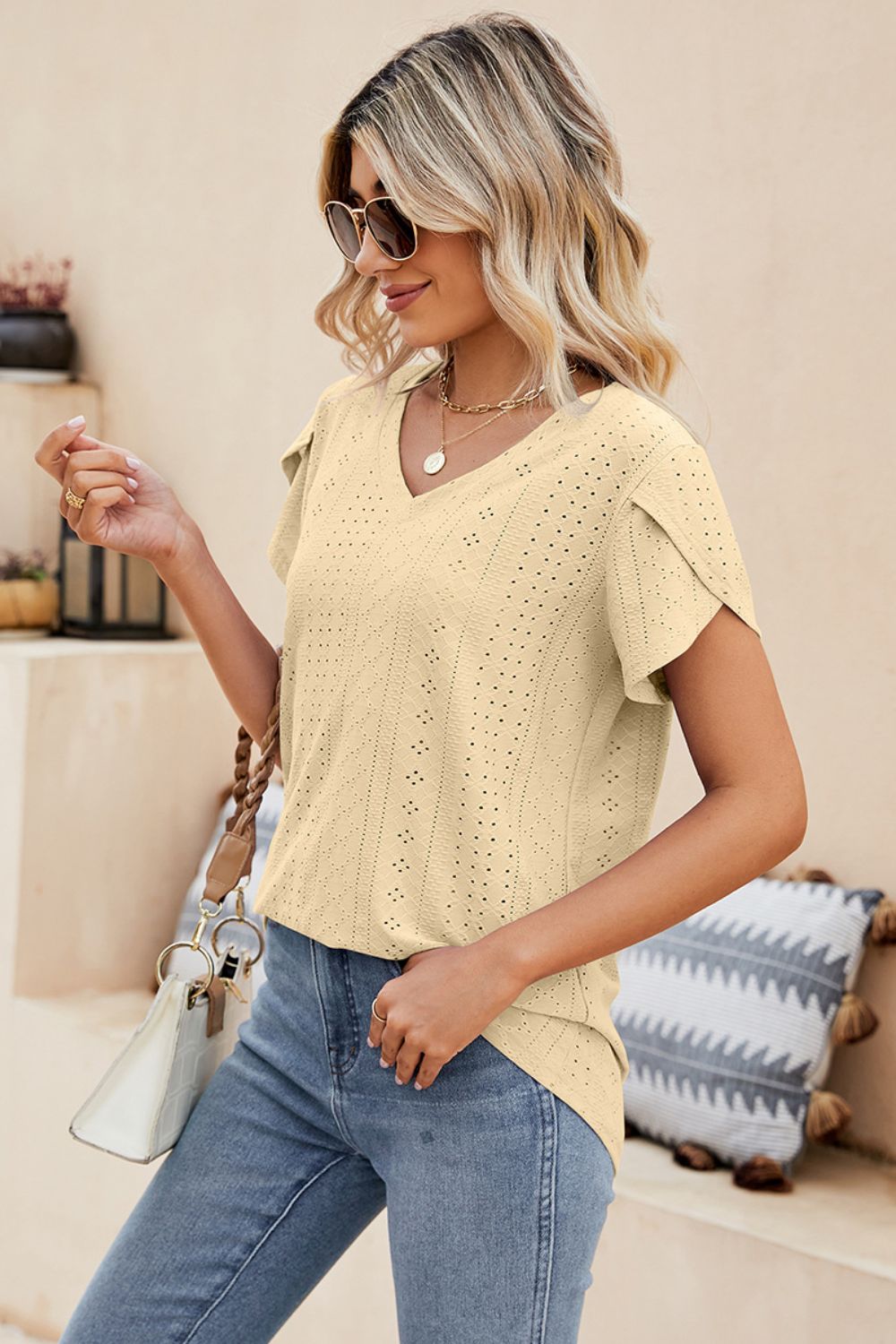 Eyelet Petal Sleeve V-neck Knit Top (11)