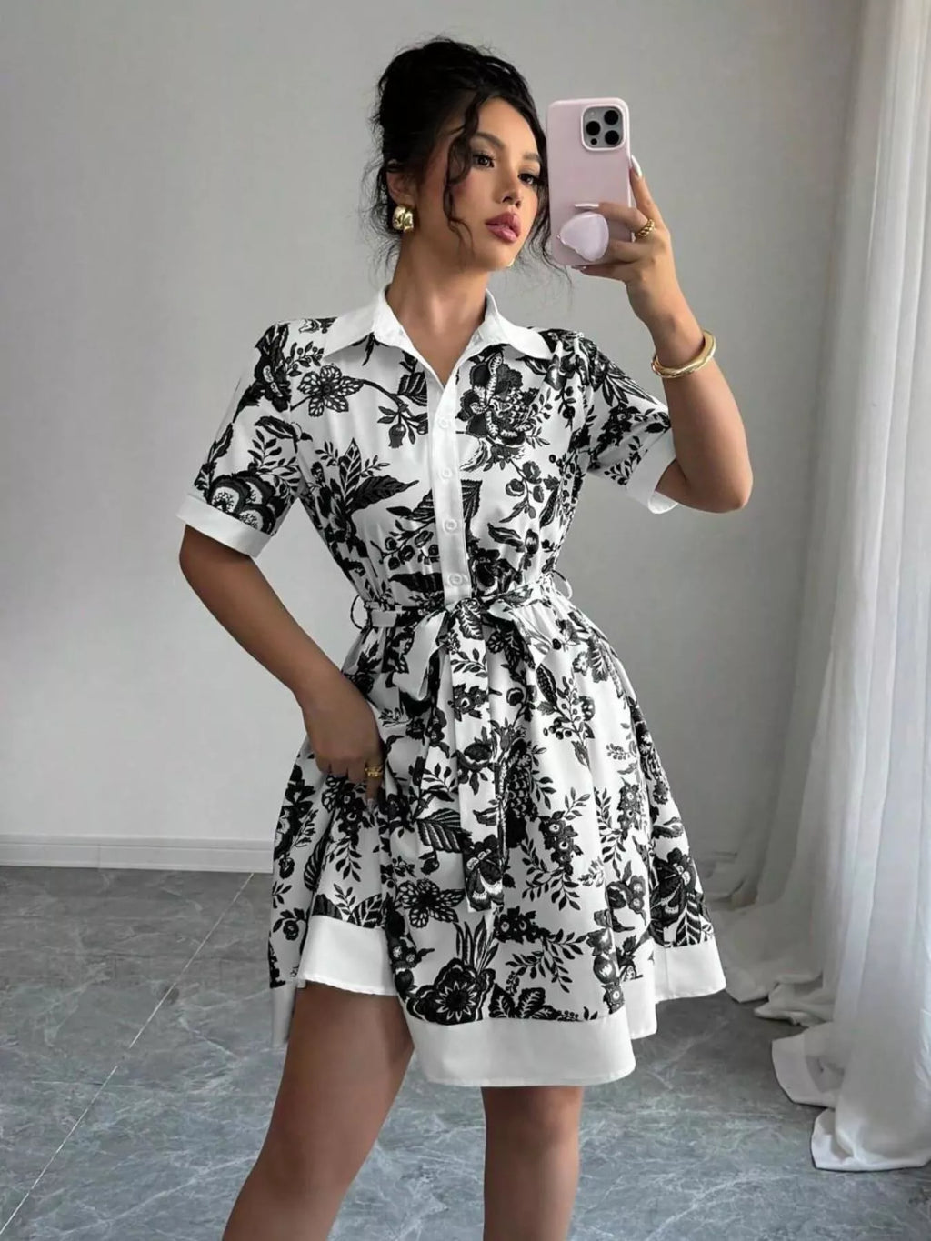 Floral Print Button-front Shirt Dress