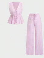 Striped Tie-front Sleeveless Top Pants Set (9)