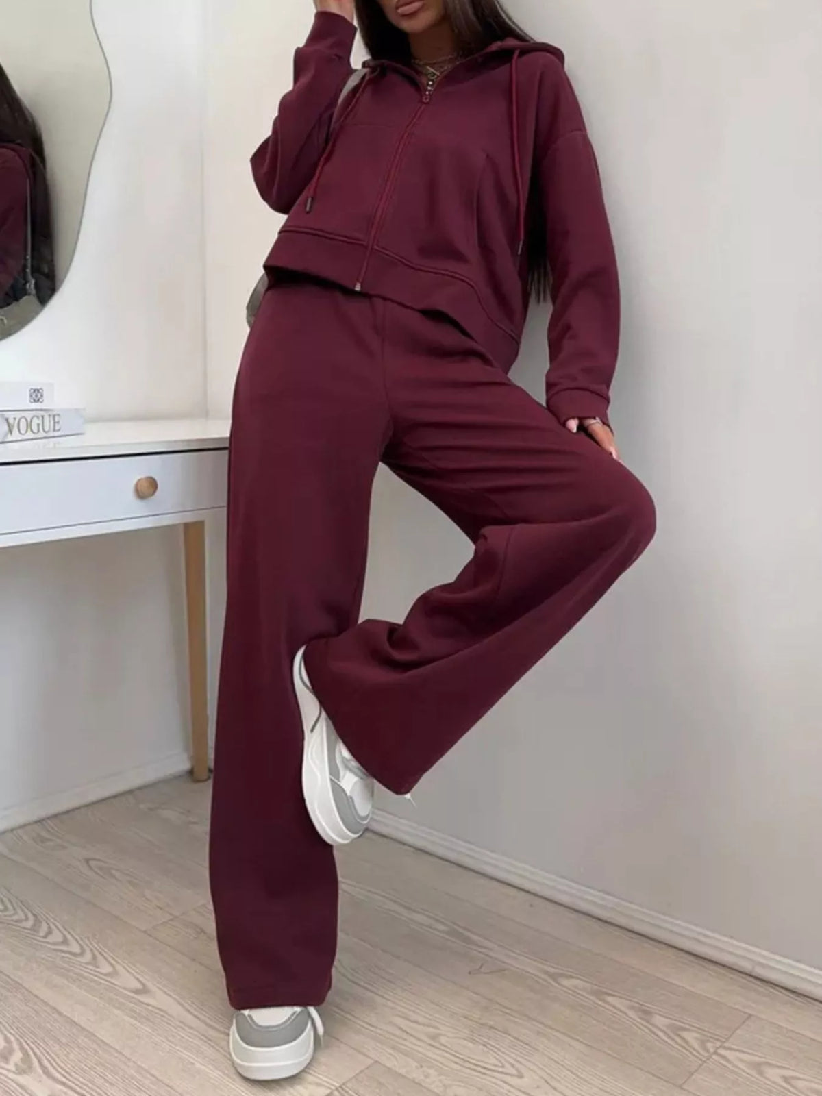 Zip-up Hoodie Wide-leg Pants Set (9)