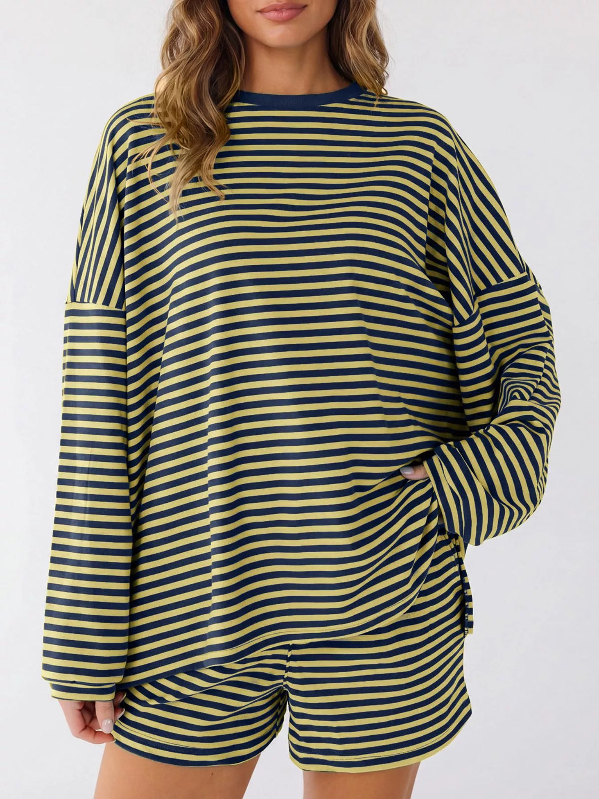 Casual Striped Long Sleeve Top Shorts Set (10)