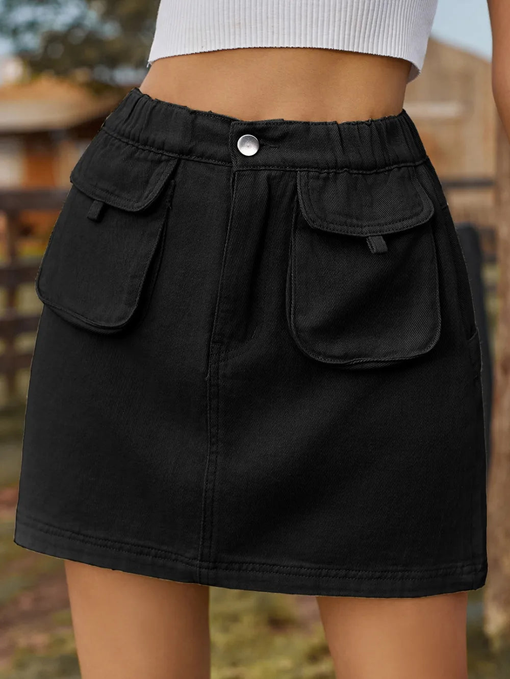 Pocketed Elastic Waist Denim Skirt (8)