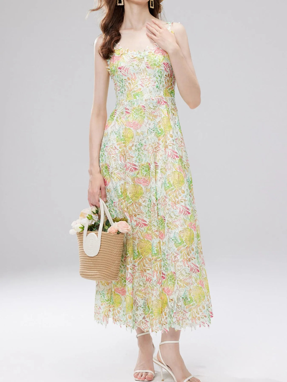 Floral Lace Sleeveless V-neck Midi Dress (15)