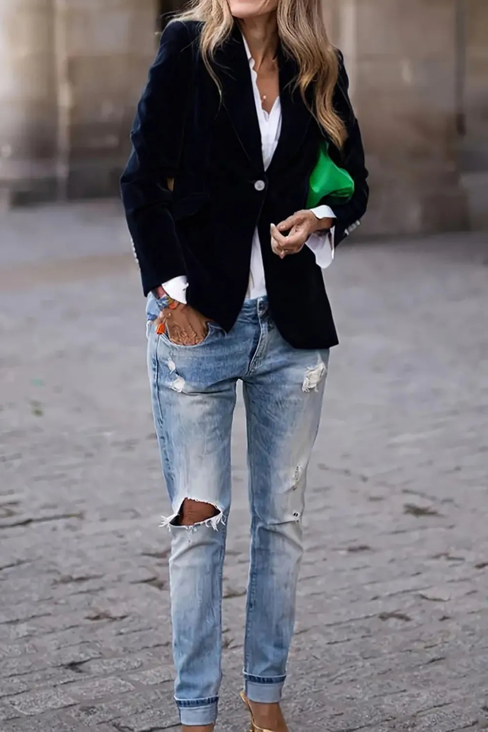 One Button Lapel Collar Long Sleeve Blazer (2)
