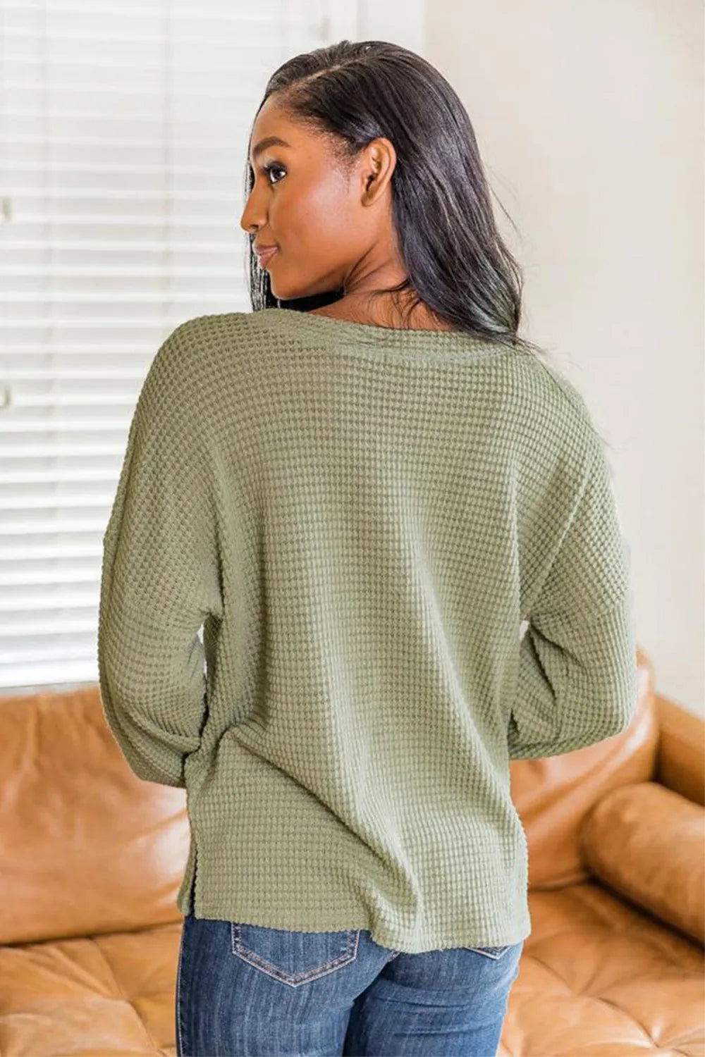 Slit Waffle Knit Long Sleeve T-shirt (9)
