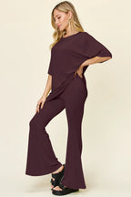 Full Size Round Neck Drop Shoulder T-shirt Flare Pants Set (23)