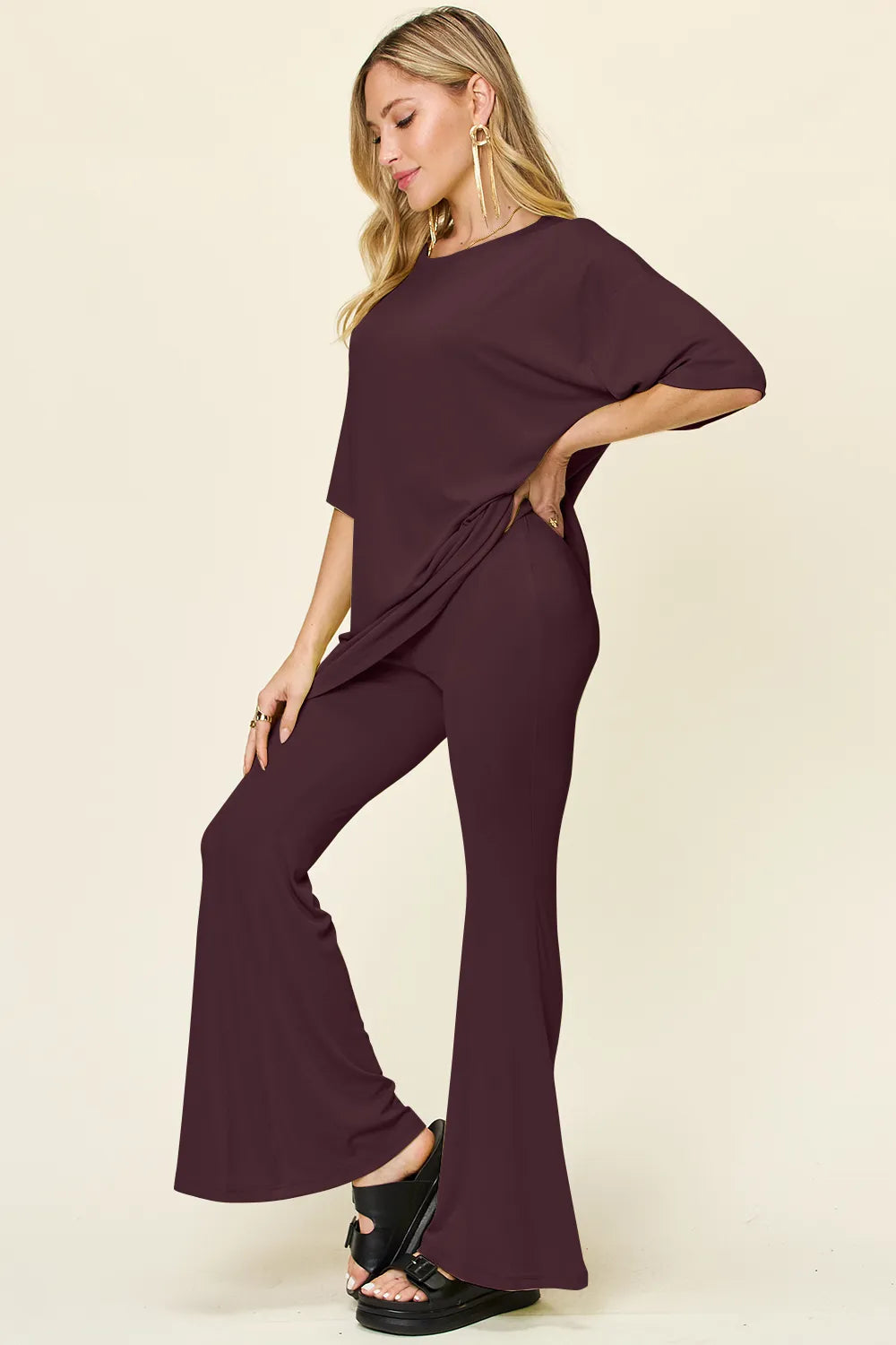 Full Size Round Neck Drop Shoulder T-shirt Flare Pants Set (23)