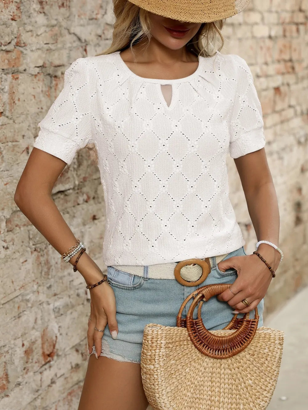 Eyelet Round Neck Short Sleeve Top (18)
