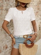 Eyelet Round Neck Short Sleeve Top (18)