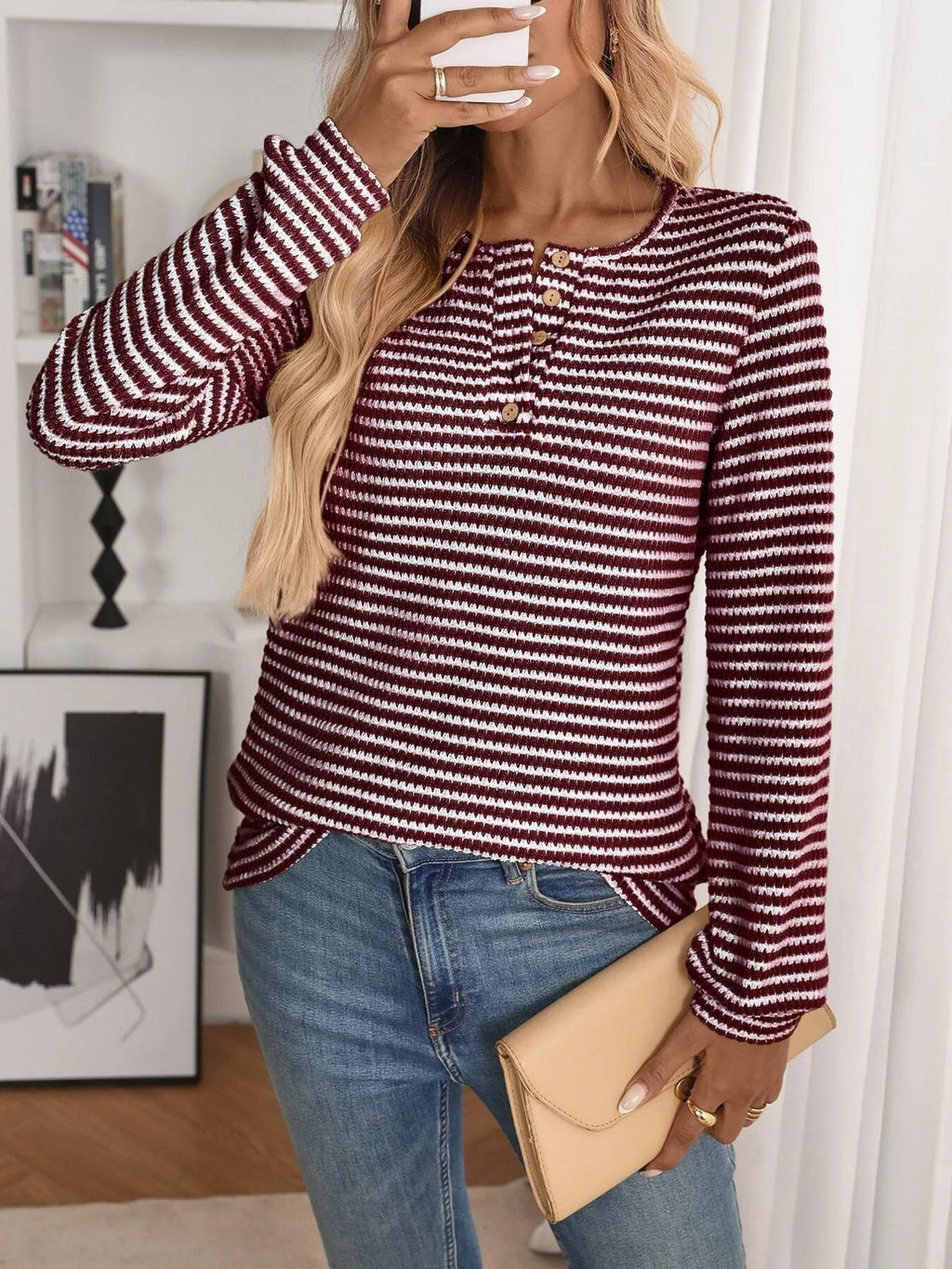 Striped Button Detail Long Sleeve Top (5)