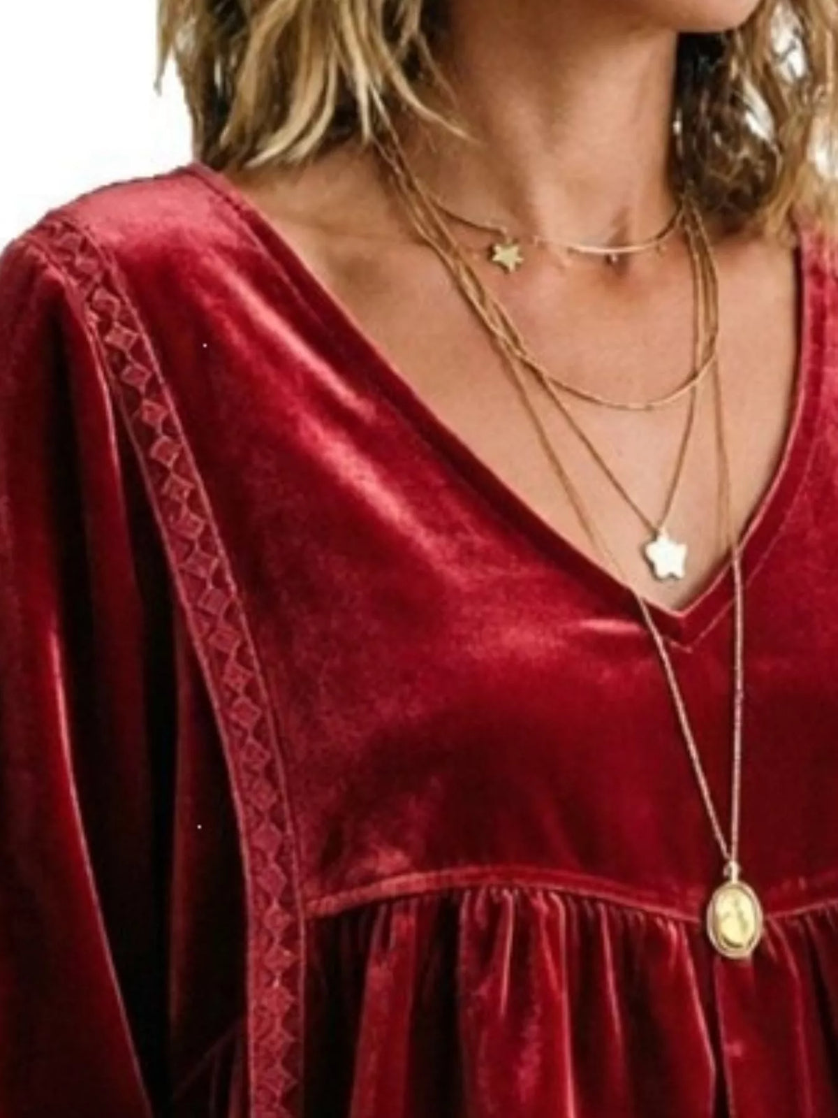 Full Size V-neck Long Sleeve Velvet Blouse Lace Trim Plus (23)