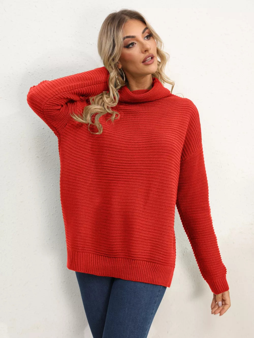 Slit Turtleneck Dropped Shoulder Sweater (11)