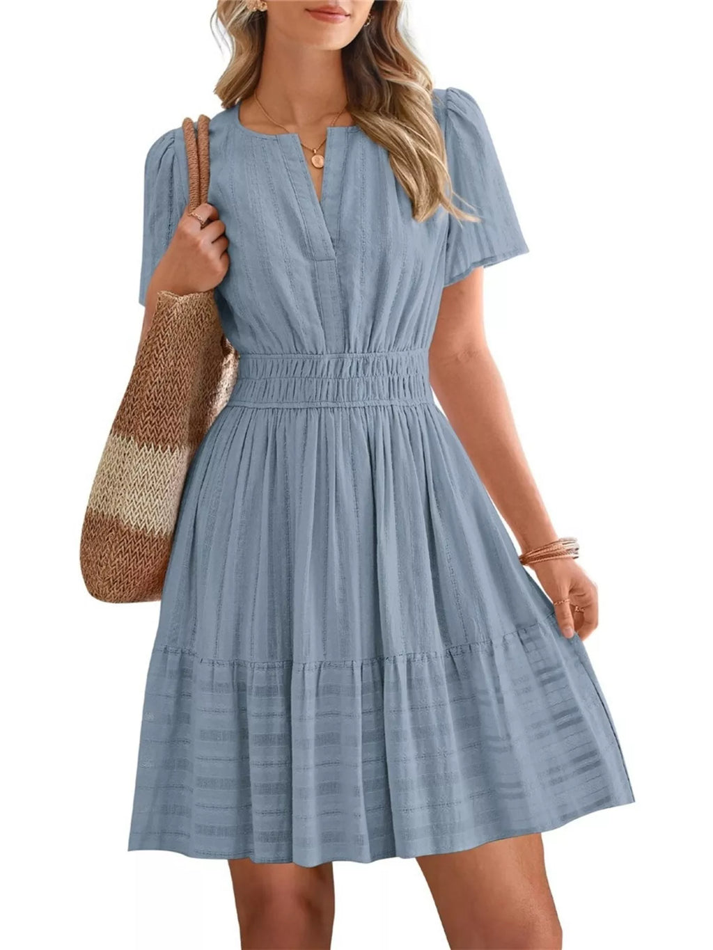 Short Sleeve Smocked Waist Tiered Dress (18)