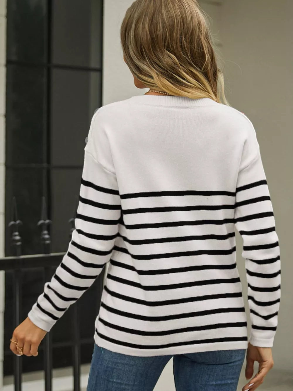 Round Neck Shoulder Button Striped Pullover Sweater (2)