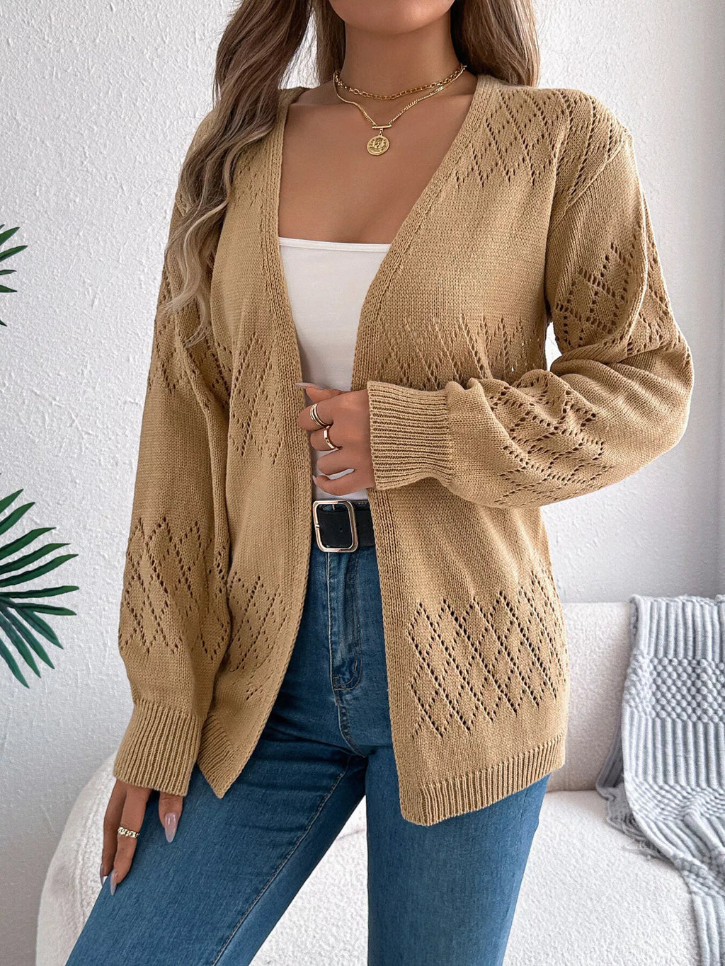 Openwork Open Front Long Sleeve Cardigan (4)