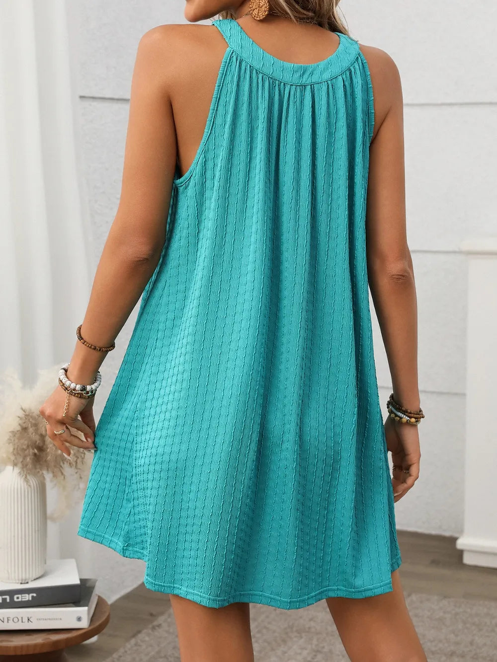 Textured Grecian Neck Mini Dress (14)