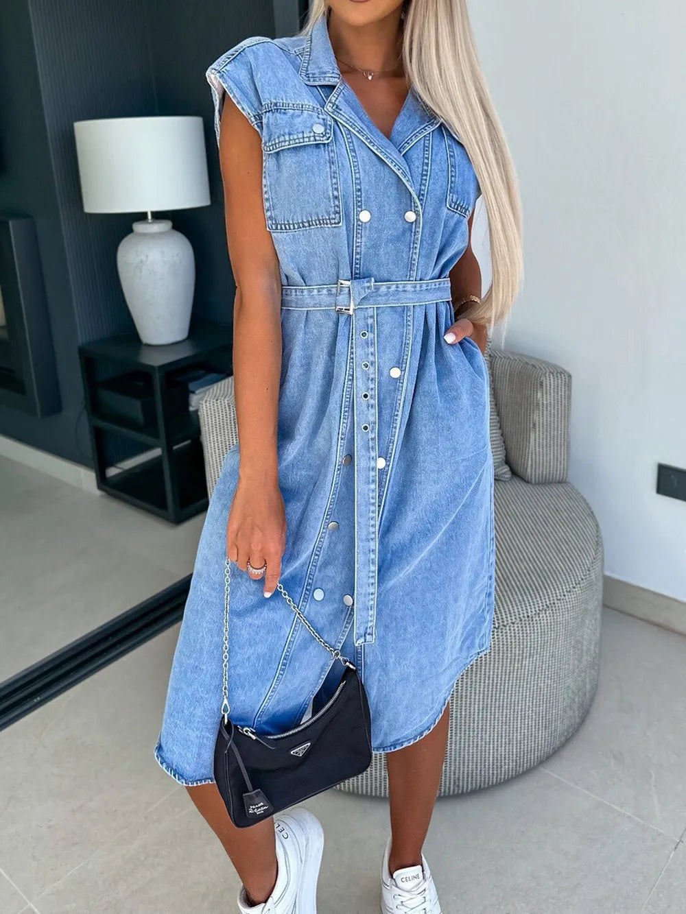 Collared Neck Cap Sleeve Denim Dress (7)