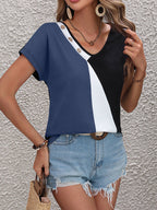 Block Decorative Button V-neck Tee (16)