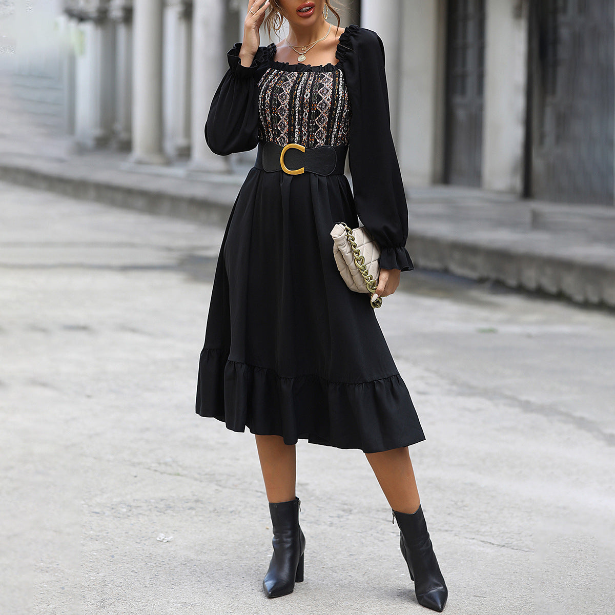 Square-neck Cinched Midi Dress variant CJLY194361301AZ|CJLY194361302BY|CJLY194361303CX|CJLY194361304DW