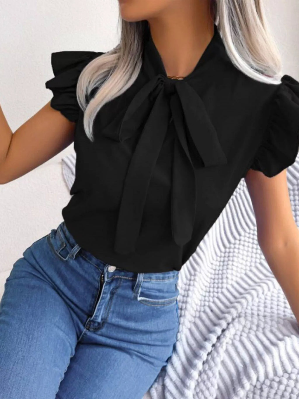 Bow Tie Ruffle Sleeve Blouse (12)