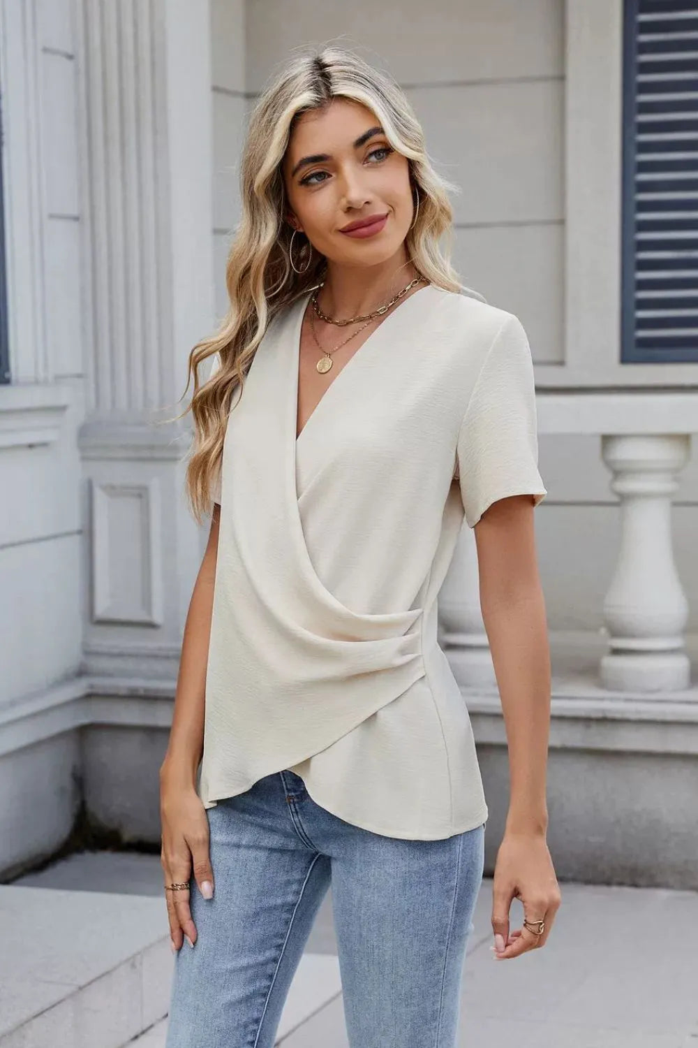 Solid Color Surplice Short Sleeve Blouse (2)