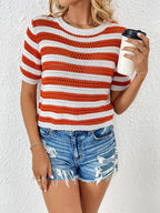 Openwork Striped Round Neck Short Sleeve Knit Top (4)