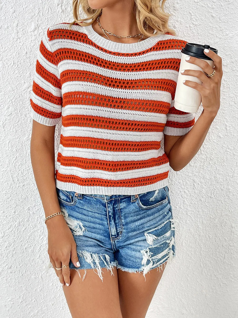 Openwork Striped Round Neck Short Sleeve Knit Top (4)