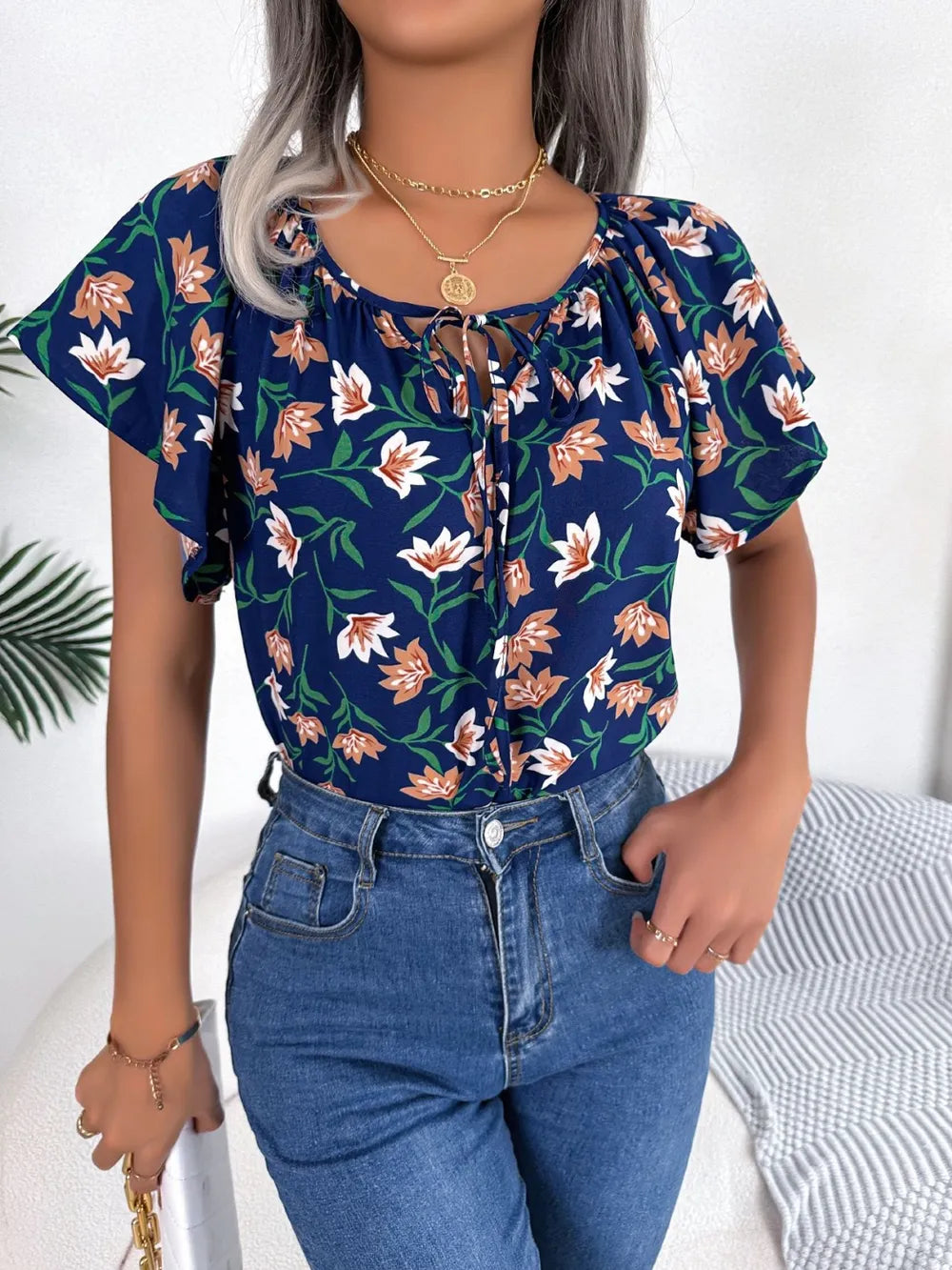 Floral Tie Neck Flutter Sleeve Blouse (10)