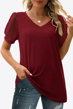 Swiss Dot Puff Sleeve V-neck Tee (29)