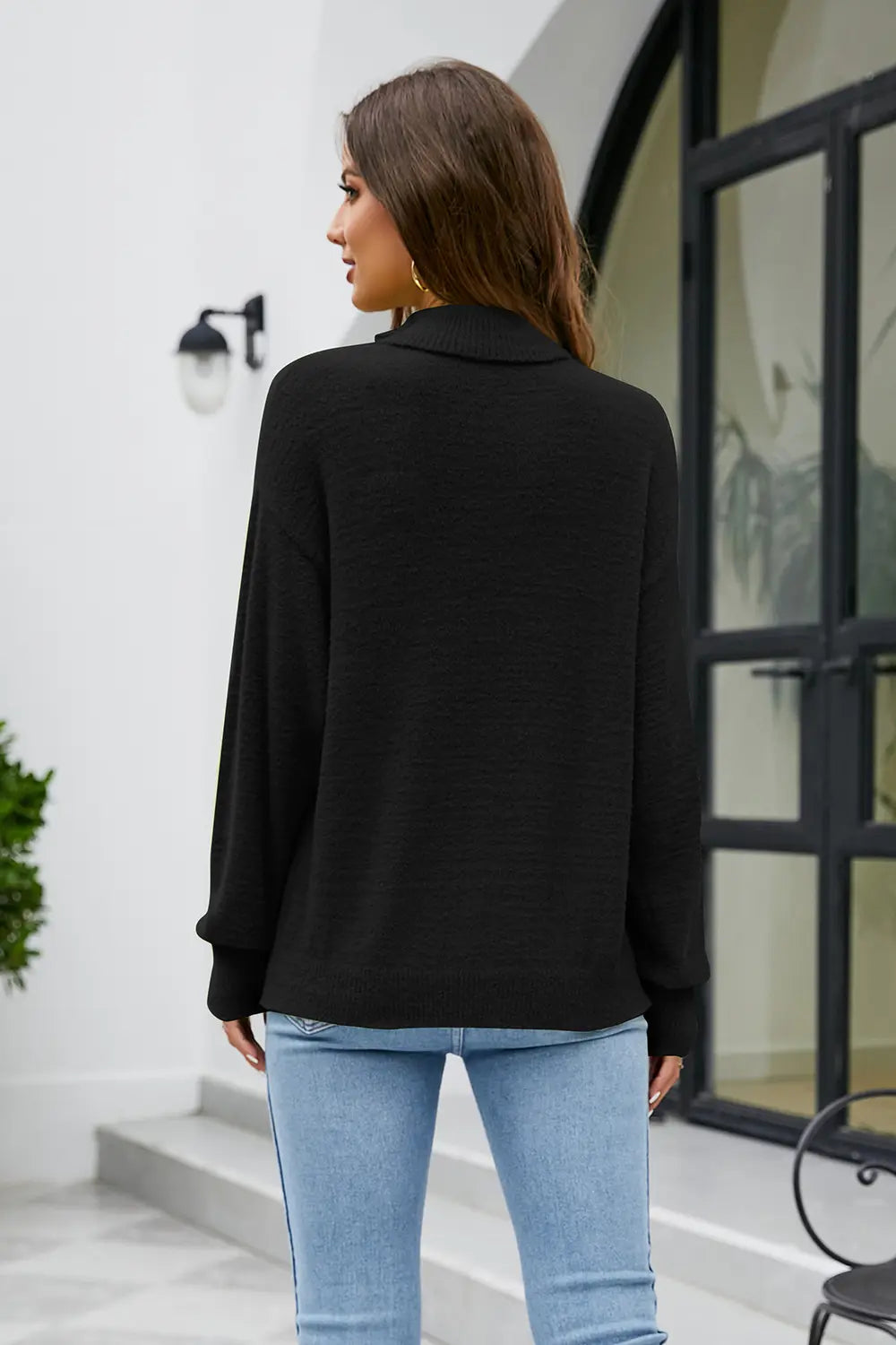 Mock Neck Dropped Shoulder Long Sleeve Sweater (7)