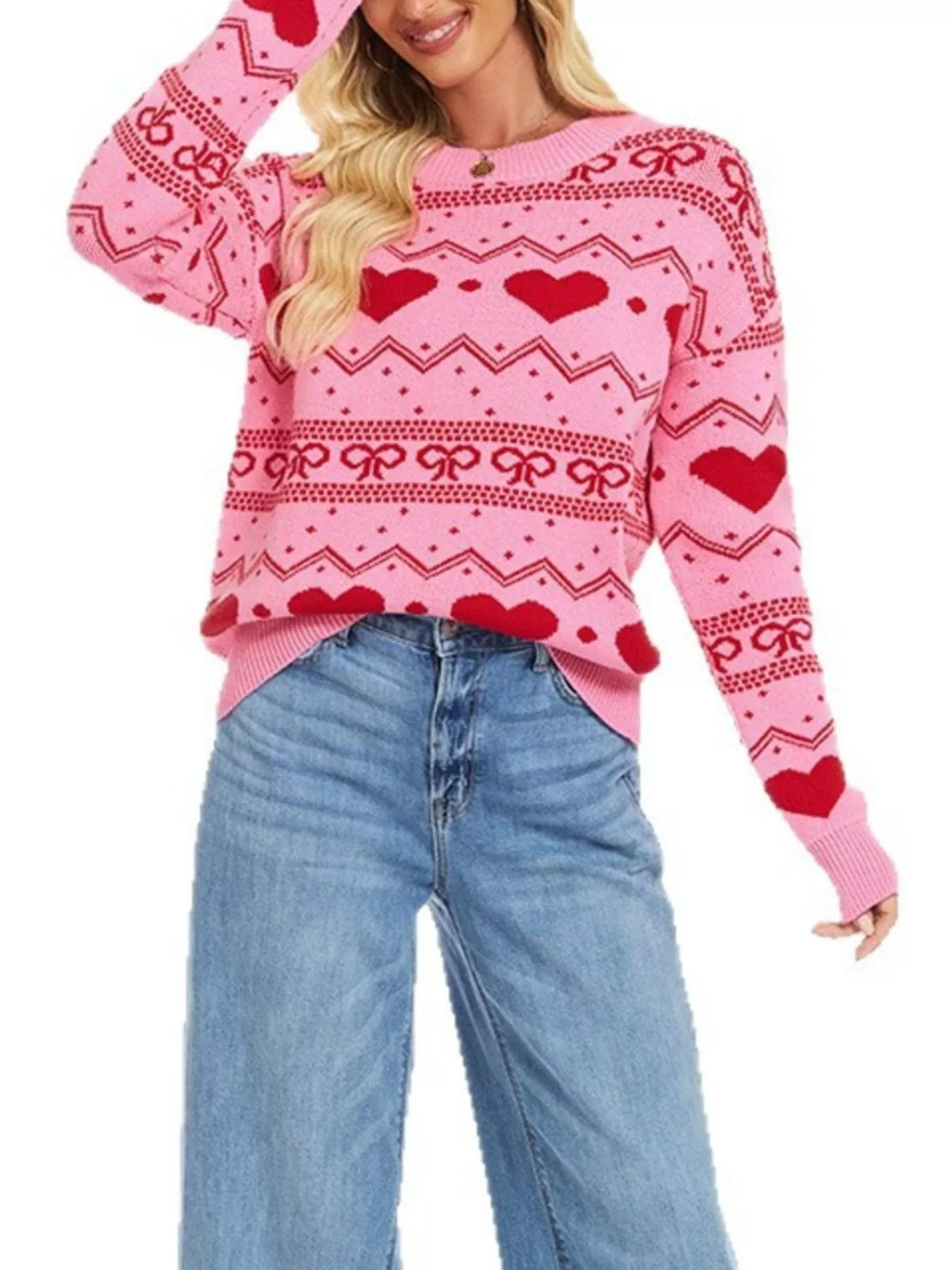 Heart Pattern Dropped Shoulder Sweater (5)