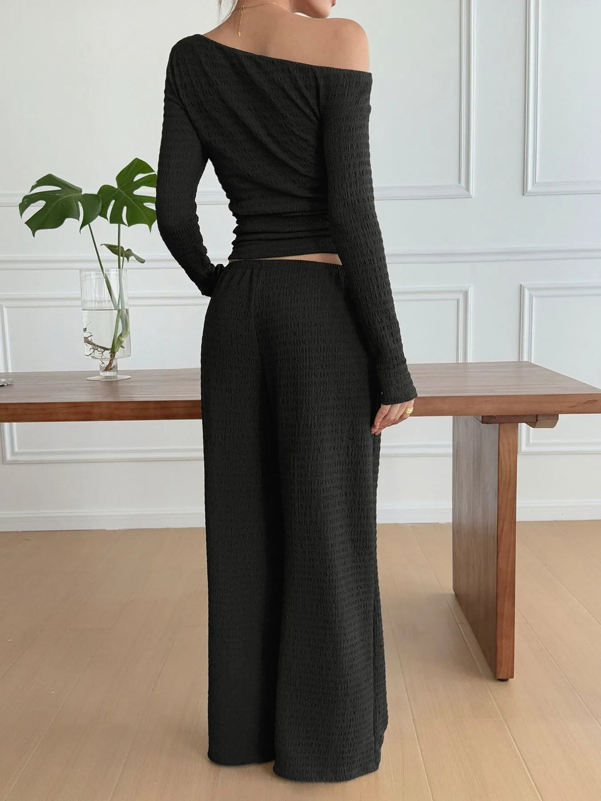 One Shoulder Long Sleeve Top Pants Set (8)