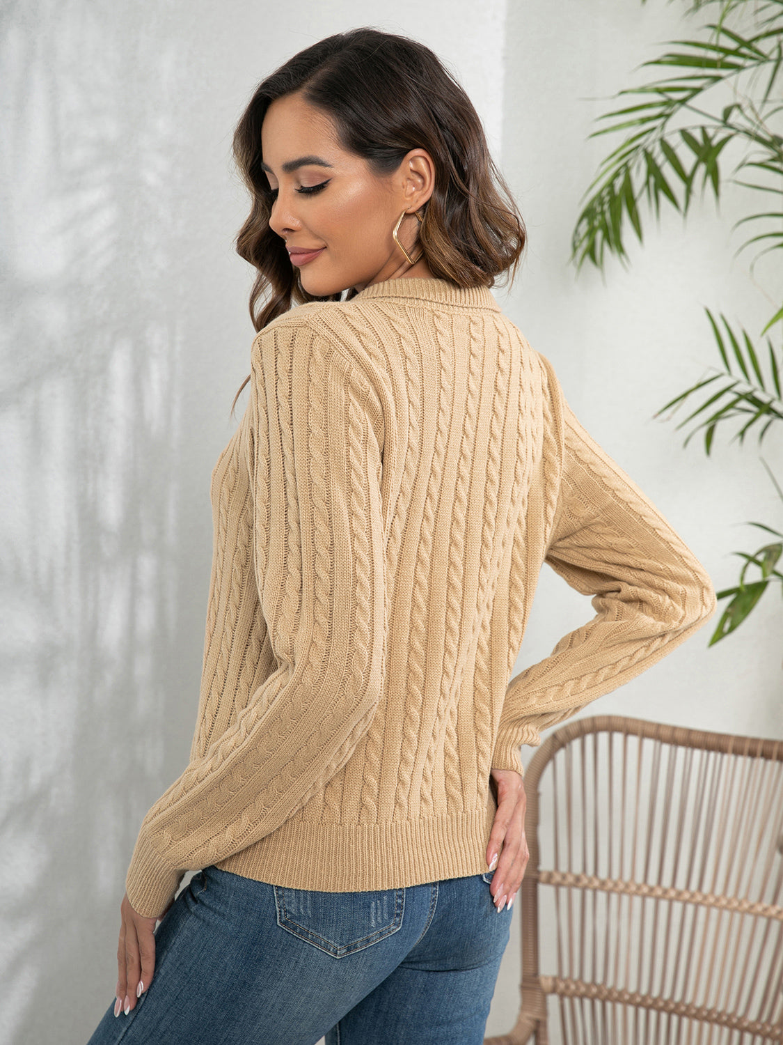 Johnny Collar Cable-knit Long Sleeve Sweater (6)