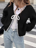 Full Size Chic Tie-front Contrast-trim Cardigan Plus