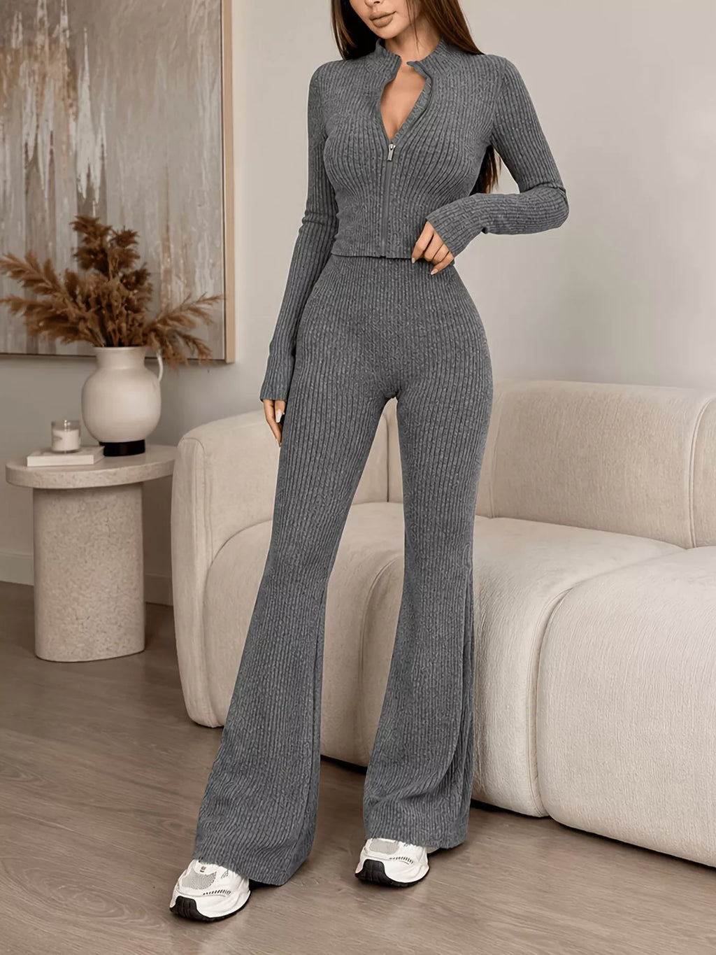 Ribbed Zip-up Cardigan Pants Knit Set (11)