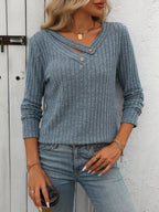 Ribbed Knit Long Sleeve Button Detail T-shirt (4)