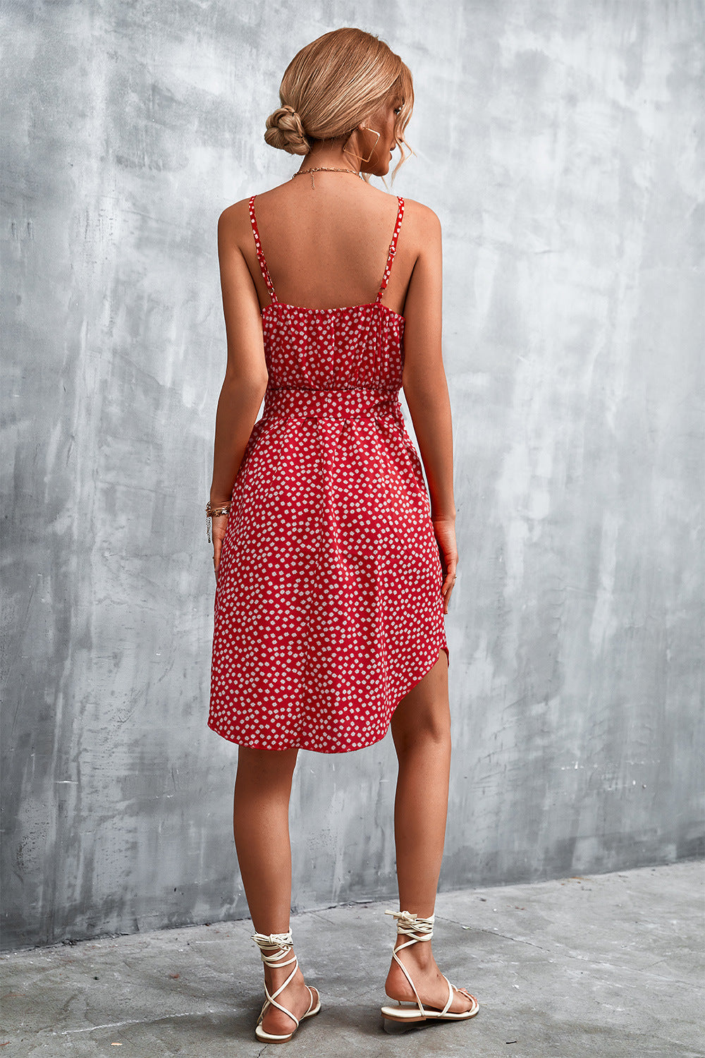 Printed V-neck Tie Waist Mini Dress (6)