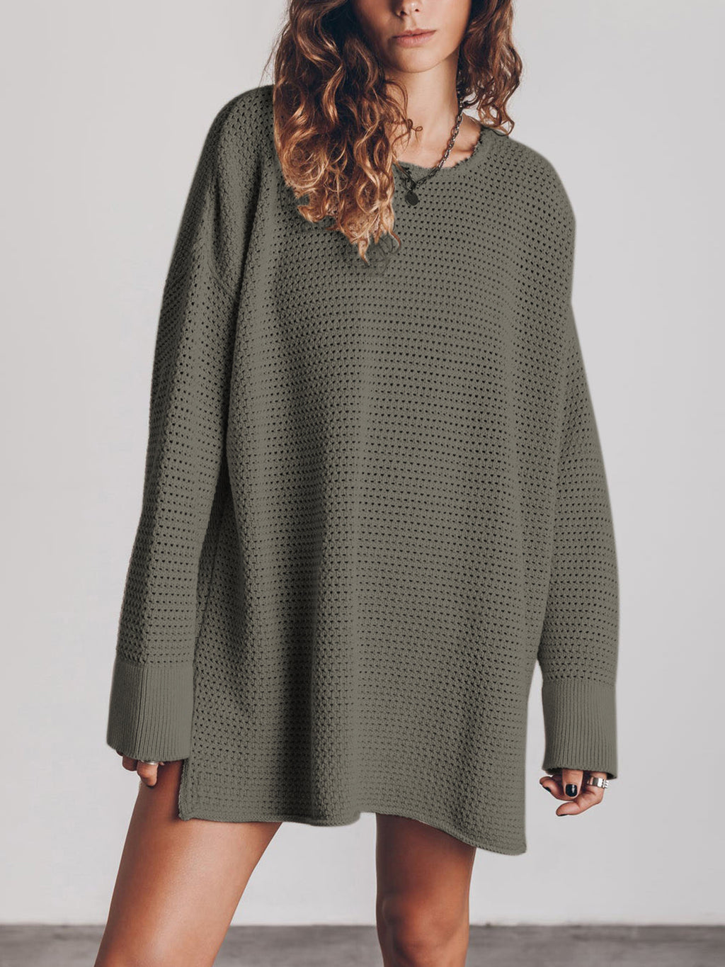 Openwork Round Neck Long Sleeve Slit Sweater (8)