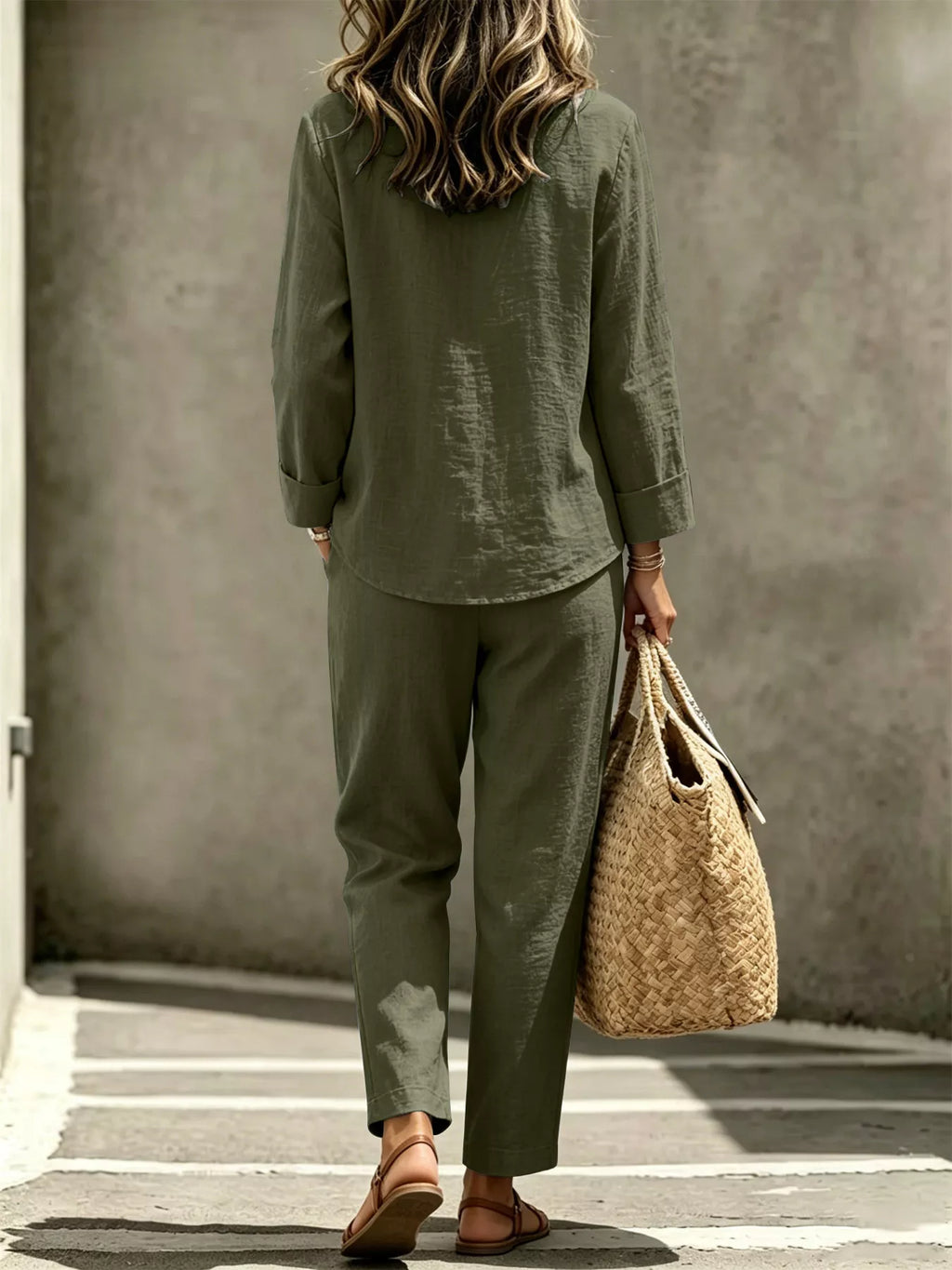 Button Detail Long Sleeve Top Pants Set (5)