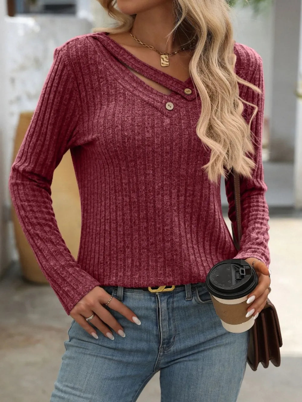 Ribbed V-neck Long Sleeve T-shirt (9)