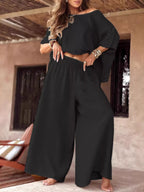 Full Size Boat Neck Top Wide Leg Pants Set Plus (10)