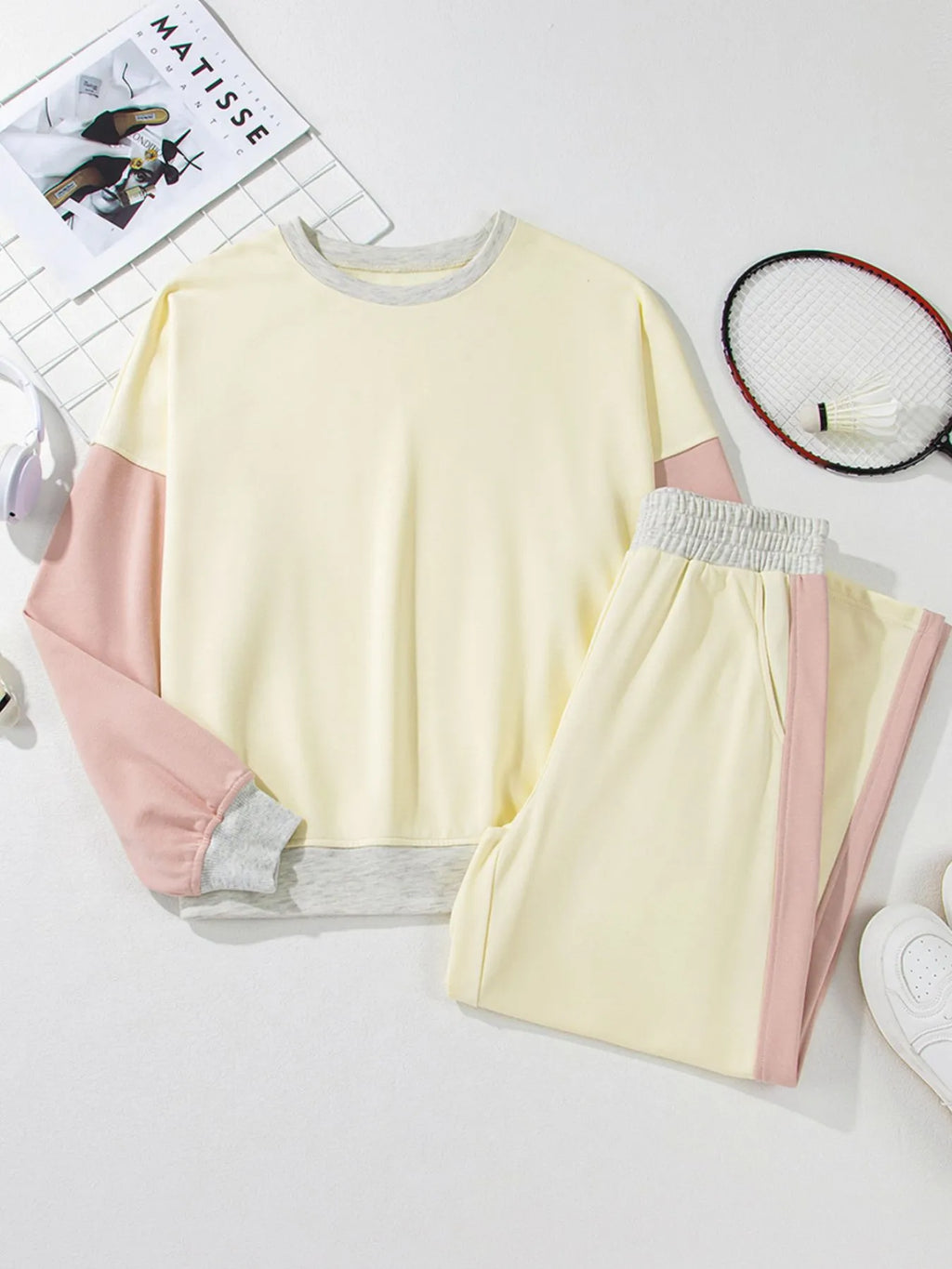 Block Round Neck Top Pants Set (8)