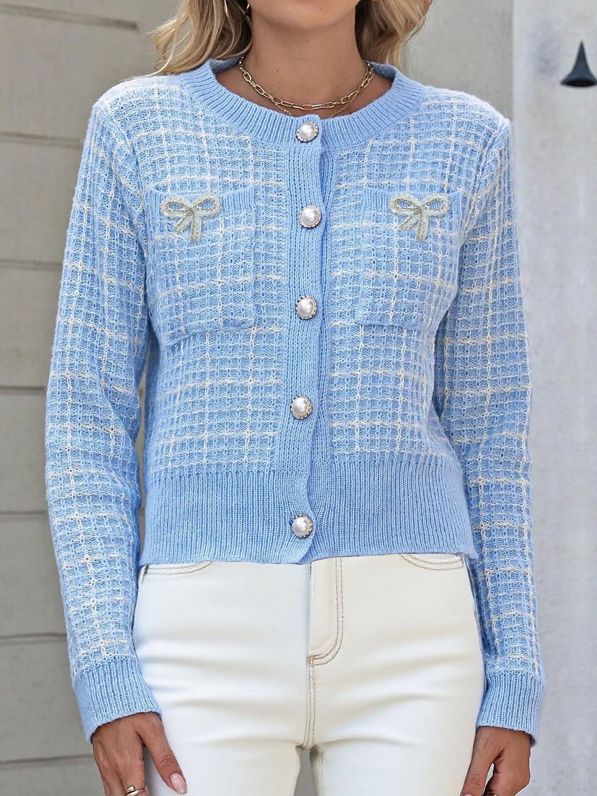 Tweed-style Bow Button-down Cardigan (9)