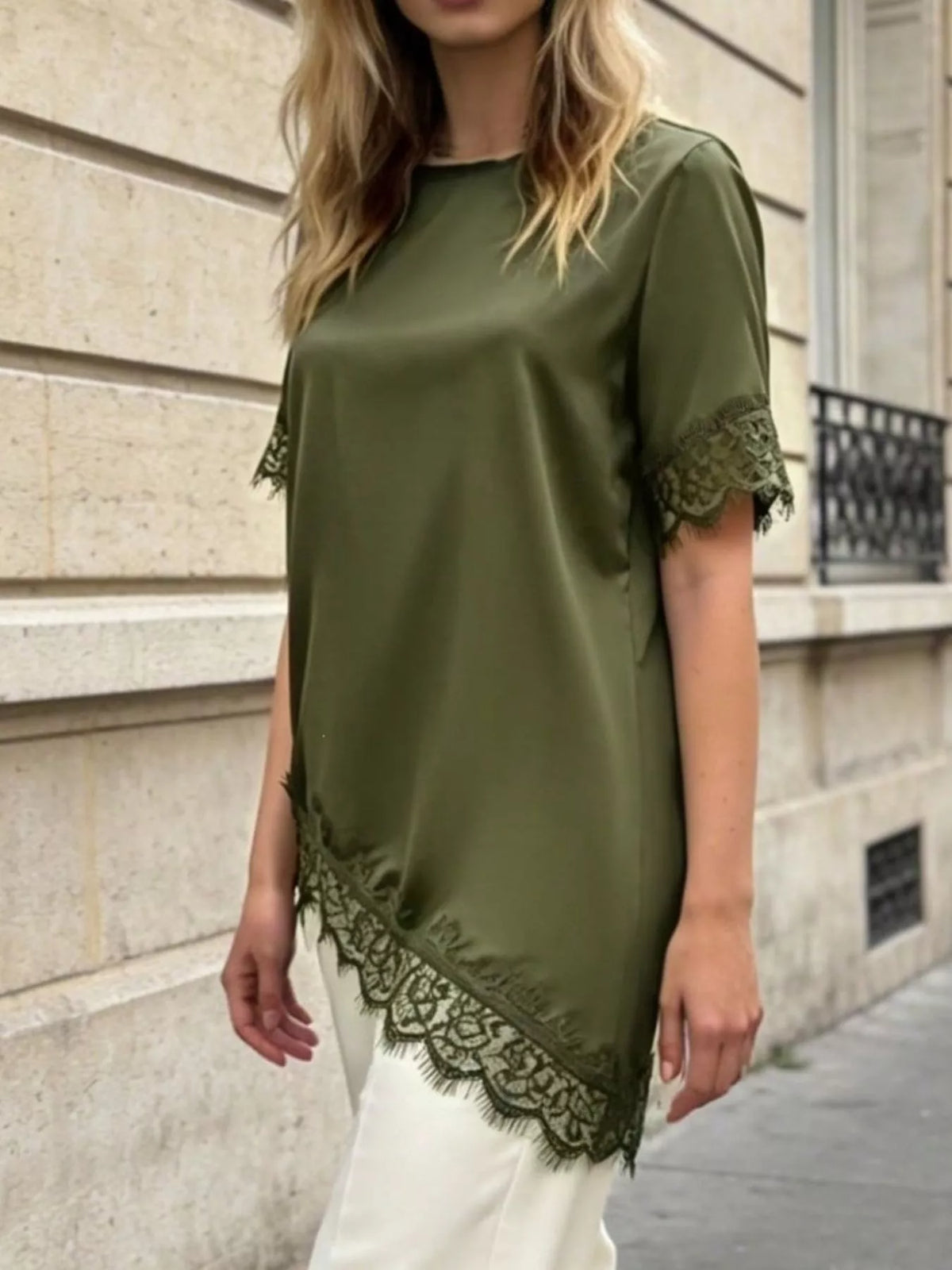 Lace Trim Short Sleeve Satin Top (3)