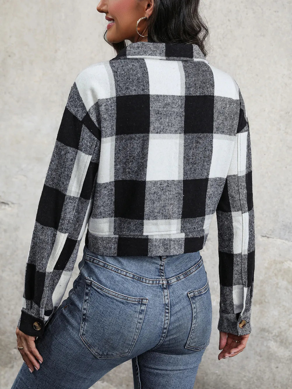 Plaid Button Up Drop Shoulder Cropped Jacket (10)