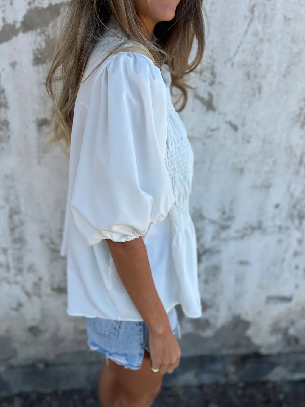 Full Size Smocked Button Front Puff Sleeve Shirt Plus (3)